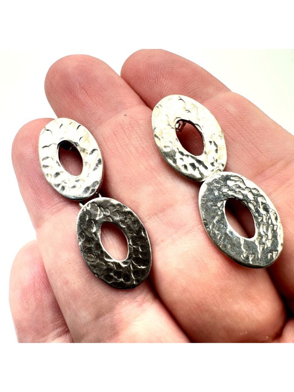 Womens Sterling Silver Hammered Circles Earrings Pierced Boho Chic